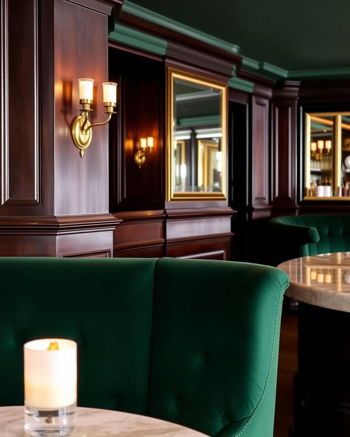 Interieur brasserie met dark green banketten en brass details